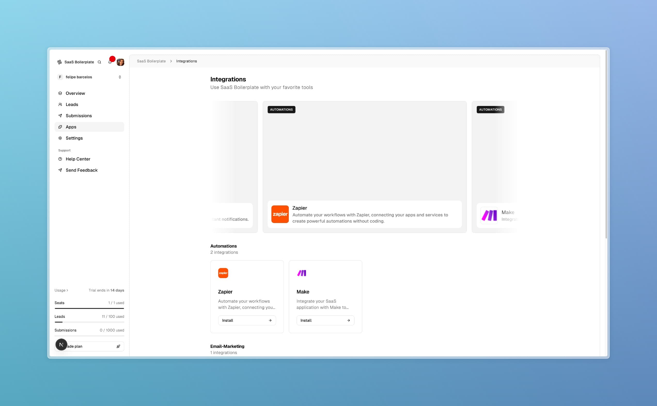 Integrations page showing available integrations organized by category with installation options.